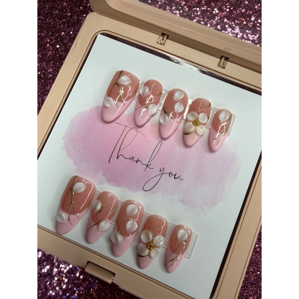 Long Almond Press-On Nails Set Pink Nude White Gold 3D Flower Full Cover